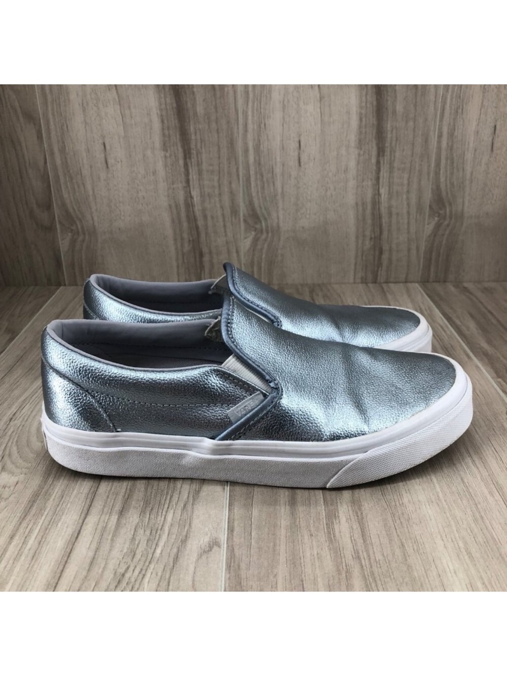 Vans Loafer Sneakers Womens 8.5 Metallic Silverish Blue Leather Slip On Shoes